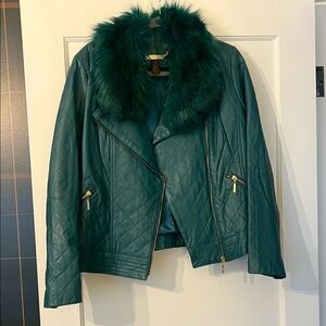 IMAN Teal Quilted Leather Jacket with Faux Fur Collar